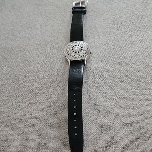 Victoria Wieck Black Leather Strap Quartz Watch with Silver Crystal Floral Dial